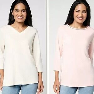 Belle Kim Gravel XS Pink Natural 3/4 Sleeve V Neck Slub Knit Top Office A689893